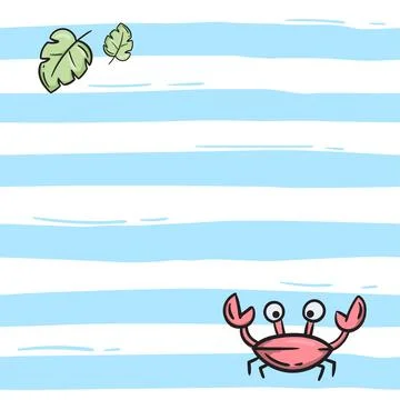 Seamless pattern with stripes, crab and leaves Stock Illustration