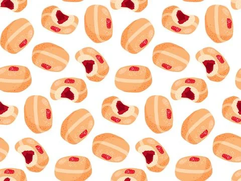 Seamless pattern with Stuffed doughnut whole and bitten. Repeated cartoon flat Stock Illustration