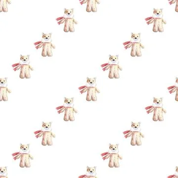 Seamless pattern of stuffed toy, plush fox hand drawn with colored pencils 스톡 일러스트