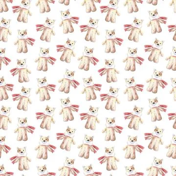 Seamless pattern of stuffed toy, plush fox hand drawn with colored pencils 스톡 일러스트