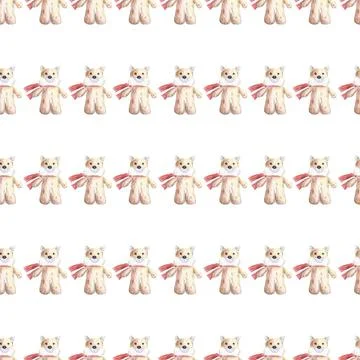 Seamless pattern of stuffed toy, plush fox hand drawn with colored pencils 스톡 일러스트