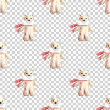 Seamless pattern of stuffed toy, plush fox hand drawn with colored pencils 스톡 일러스트
