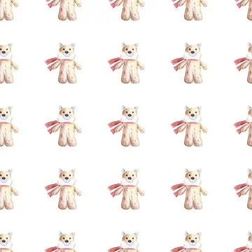 Seamless pattern of stuffed toy, plush fox hand drawn with colored pencils 스톡 일러스트