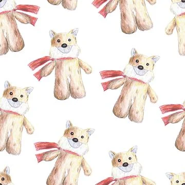 Seamless pattern of stuffed toy, plush fox hand drawn with colored pencils 스톡 일러스트