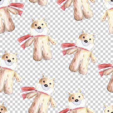 Seamless pattern of stuffed toy, plush fox hand drawn with colored pencils 스톡 일러스트