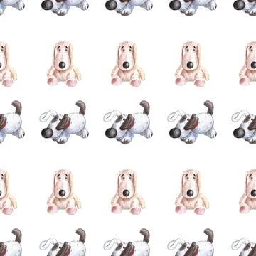 Seamless pattern of stuffed toys, plush puppies hand drawn with colored pencils Stock Illustration