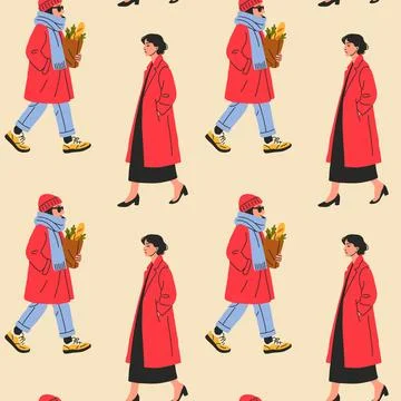 Seamless Pattern of Stylish People in Winter Outfits Stock-Illustration