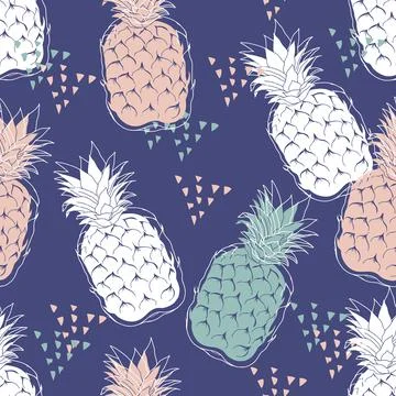 Seamless pattern with stylish pineapple fruits on blue background. Stock Illustration