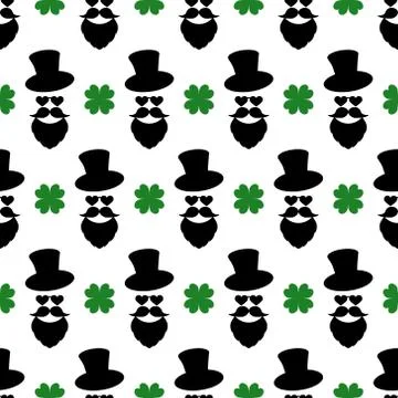 Seamless pattern with a stylish print. Man head. Hat, beard, mustache, clover Stock Illustration
