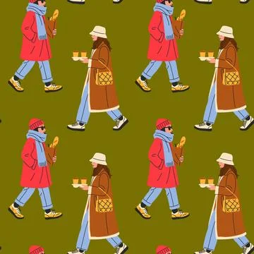 Seamless Pattern of Stylish Winter People with Coffee and Groceries Illustrazione stock
