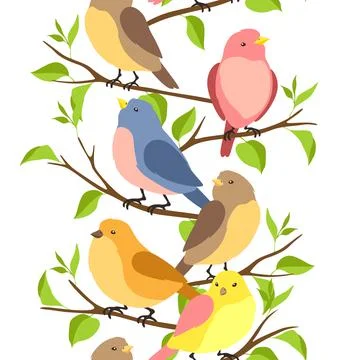Seamless pattern with stylized birds sitting on branches. Image of birdie in Stock Illustration