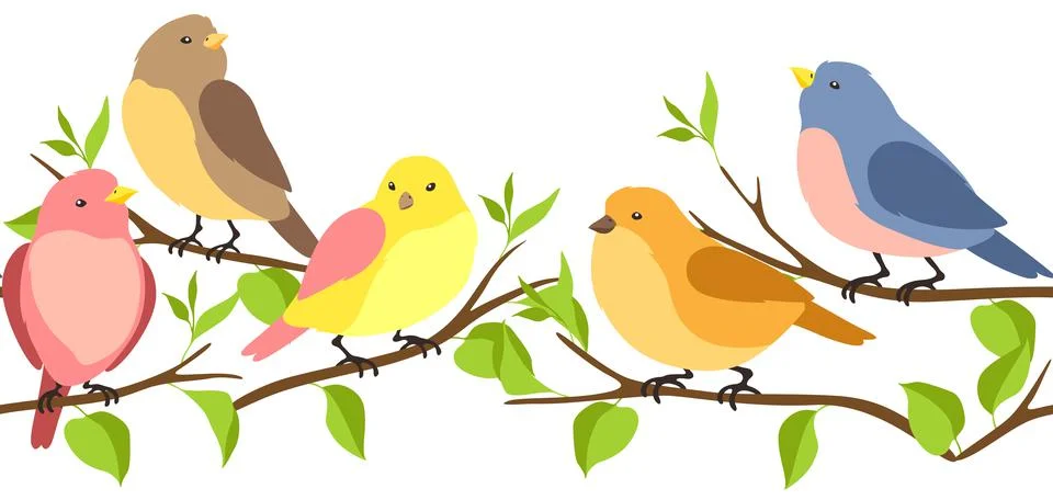 Seamless pattern with stylized birds sitting on branches. Image of birdie in Stock Illustration
