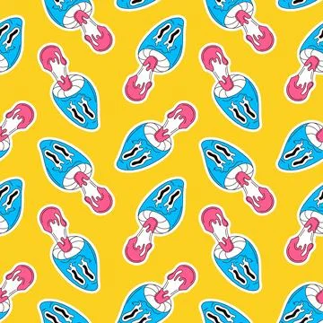 Seamless pattern of stylized blue and pink mushroom with dripping shape on a Stock Illustration