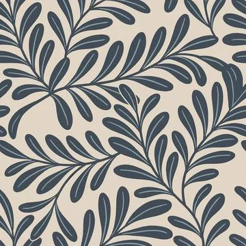 Seamless Pattern with Stylized Blue Leaves on a Light Beige Background. Ilustração Stock