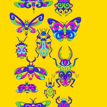 Seamless pattern with stylized bugs and insects. Mexican ceramic cute naive art. Stock Illustration