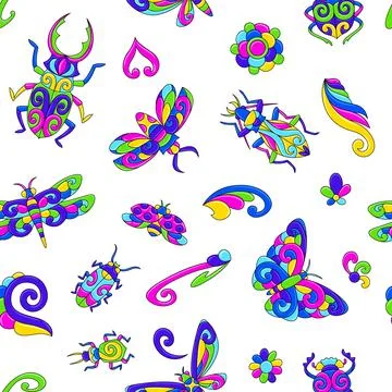 Seamless pattern with stylized bugs and insects. Mexican ceramic cute naive art. Stock Illustration