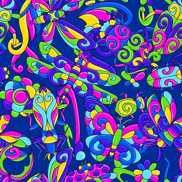 Seamless pattern with stylized bugs and insects. Mexican ceramic cute naive art. Stock Illustration