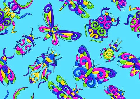 Seamless pattern with stylized bugs and insects. Mexican ceramic cute naive art. Stock Illustration