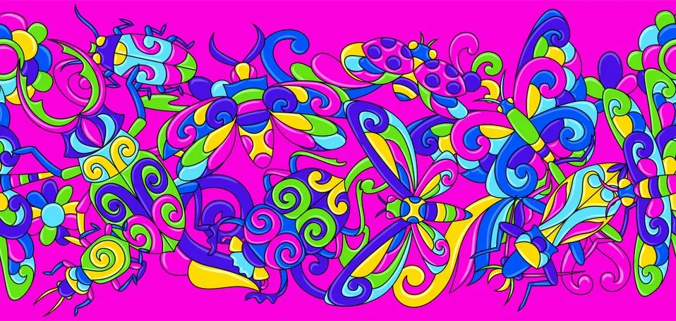 Seamless pattern with stylized bugs and insects. Mexican ceramic cute naive art. Illustrazione stock