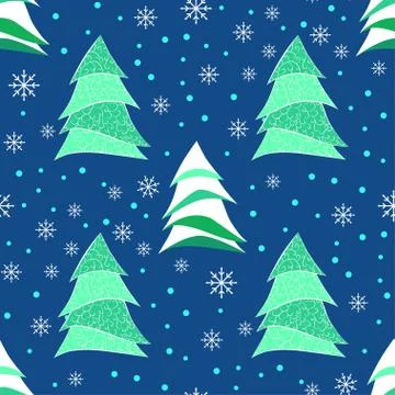 Seamless pattern with stylized Christmas tree and snowflakes. Stock Illustration