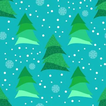 Seamless pattern with stylized Christmas tree and snowflakes. Stock Illustration