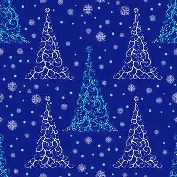 Seamless pattern with stylized Christmas tree and snowflakes. Stock Illustration