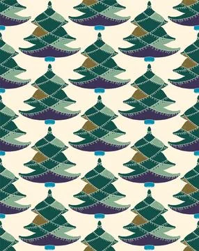 Seamless pattern with stylized Christmas trees in linocut and rustic style. N Illustrazione stock