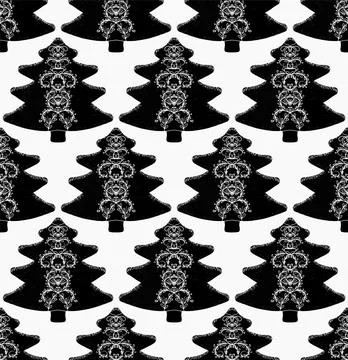 Seamless pattern with stylized Christmas trees in linocut and rustic style. N Stockillustratie