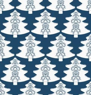 Seamless pattern with stylized Christmas trees in linocut and rustic style. N Illustrazione stock