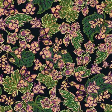 Seamless pattern. Stylized currant flowers on a black background. Illustrazione stock