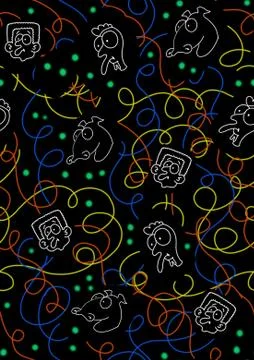 Seamless pattern with stylized cute characters and curved lines and colorful Stock Illustration