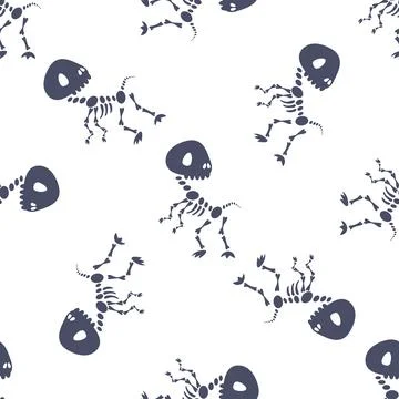 Seamless pattern with stylized dinosaur skeletons dancing on white background Illustrazione stock