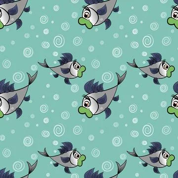 Seamless pattern - stylized fish in the sea or aquarium, surrounded by air bu Illustrazione stock