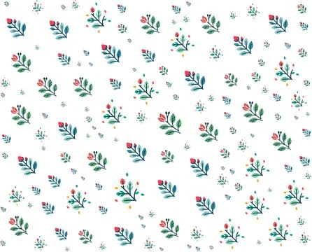 Seamless pattern of stylized floral elements with red buds and green leaves Stock Illustration