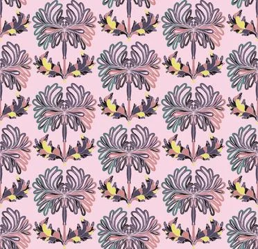 Seamless pattern with stylized flowers and leaves in folk art style. Vintage  Stock Illustration