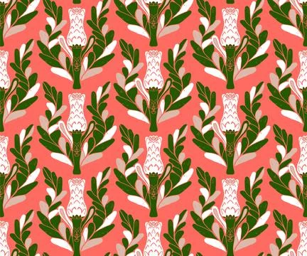 Seamless pattern with stylized flowers and leaves in folk art style. Vintage  Illustrazione stock