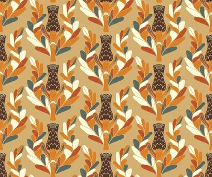 Seamless pattern with stylized flowers and leaves in folk art style. Vintage  Stock Illustration