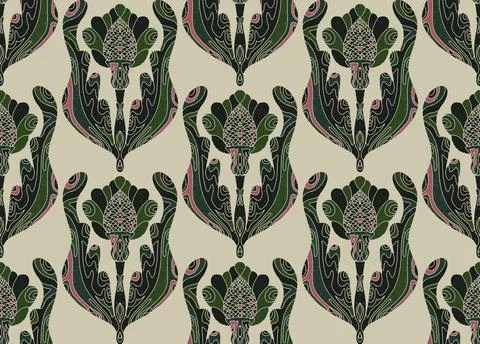 Seamless pattern with stylized flowers and leaves in folk art style. Vintage  Stock Illustration