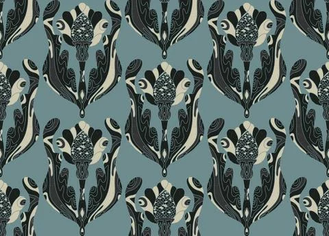 Seamless pattern with stylized flowers and leaves in folk art style. Vintage  Stock Illustration