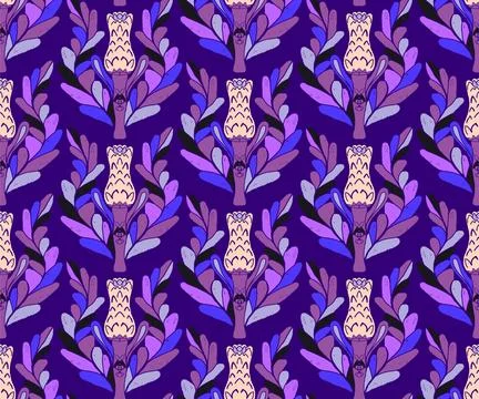 Seamless pattern with stylized flowers and leaves in folk art style. Vintage  Stock Illustration