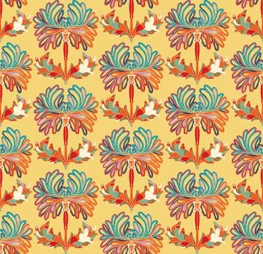 Seamless pattern with stylized flowers and leaves in folk art style. Vintage  Stock Illustration