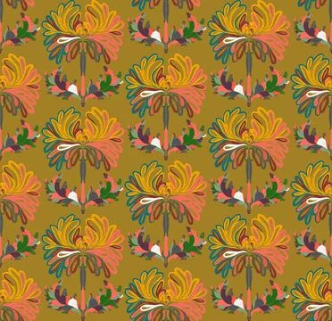 Seamless pattern with stylized flowers and leaves in folk art style. Vintage  Stock Illustration