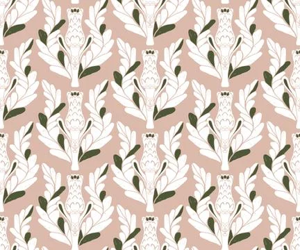 Seamless pattern with stylized flowers and leaves in folk art style. Vintage  Stock Illustration
