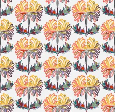 Seamless pattern with stylized flowers and leaves in folk art style. Vintage  Stock Illustration