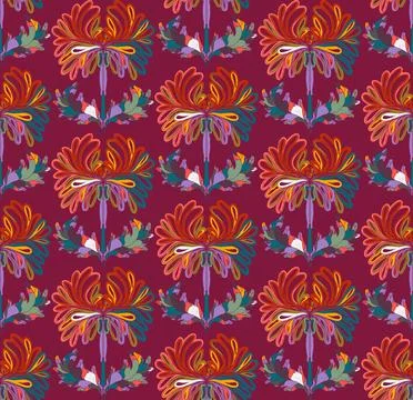 Seamless pattern with stylized flowers and leaves in folk art style. Vintage  Stock Illustration