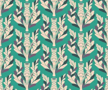 Seamless pattern with stylized flowers and leaves in folk art style. Vintage  Stock Illustration
