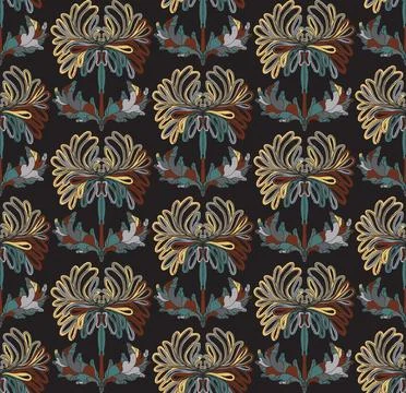 Seamless pattern with stylized flowers and leaves in folk art style. Vintage  Illustrazione stock