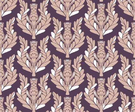 Seamless pattern with stylized flowers and leaves in folk art style. Vintage  Stock Illustration
