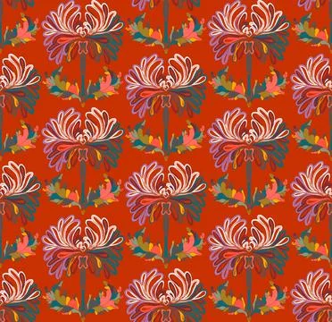 Seamless pattern with stylized flowers and leaves in folk art style. Vintage  Stock Illustration