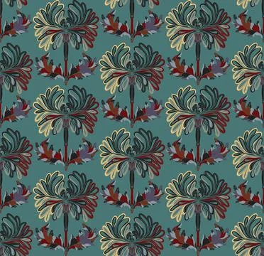 Seamless pattern with stylized flowers and leaves in folk art style. Vintage  Stock Illustration